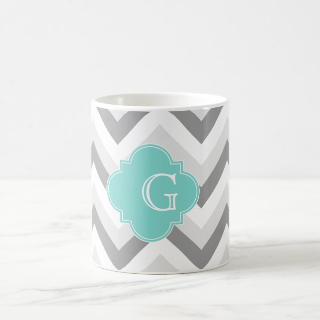 Lt 2 Grått White Chevron Aqua Monogram Kaffemugg (Center)