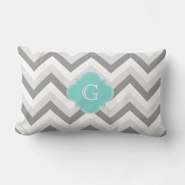 Lt 2 Grått White Chevron Aqua Monogram Lumbarkudde (Framsida)