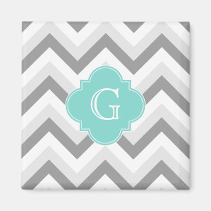 Lt 2 Grått White Chevron Aqua Monogram Magnet