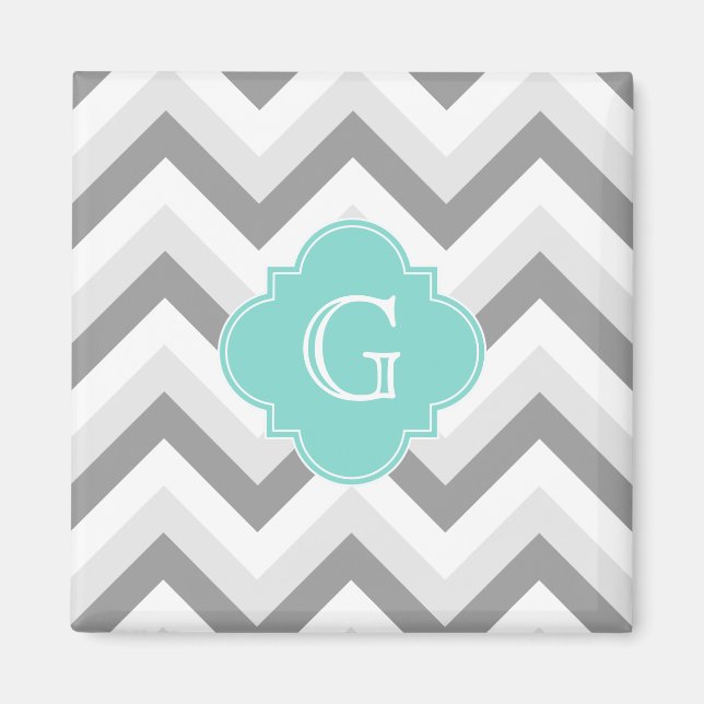 Lt 2 Grått White Chevron Aqua Monogram Magnet (Framsidan)