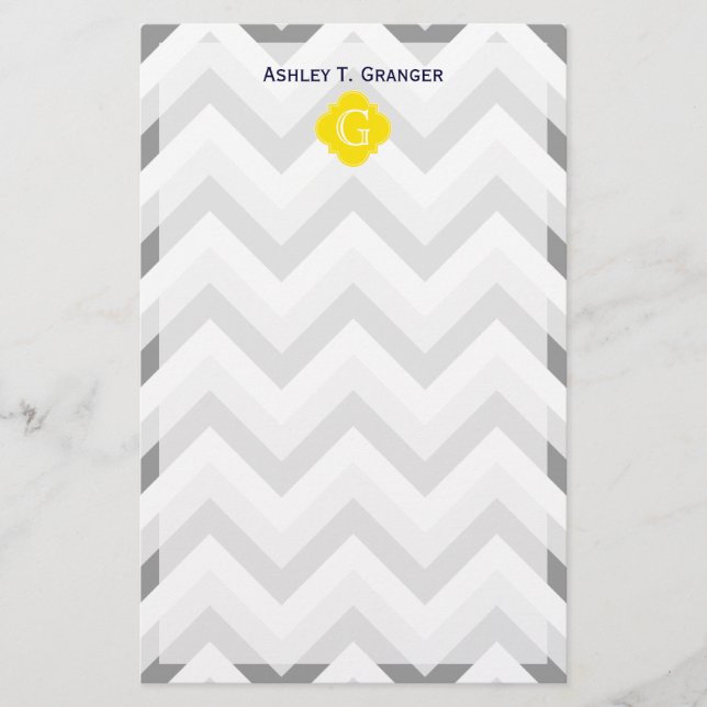Lt 2 Grått White Chevron Gult Monogram Brevpapper (Framsida)