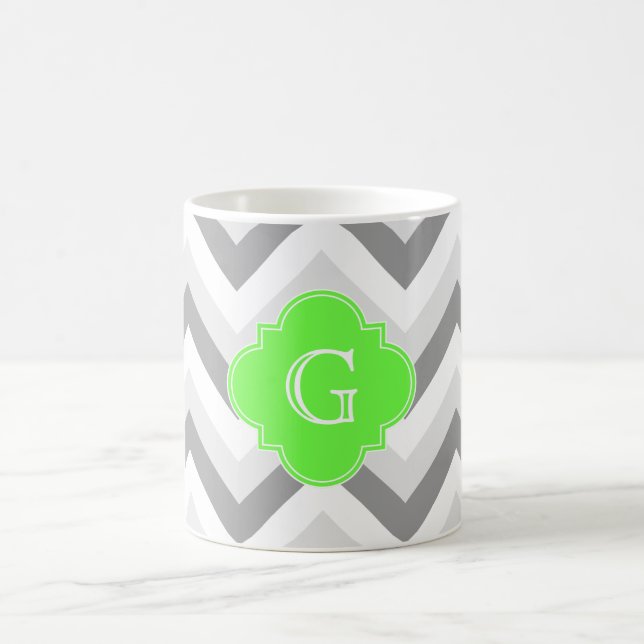 Lt 2 Grått White Chevron Lime Quatrefoil Monogram Kaffemugg (Center)