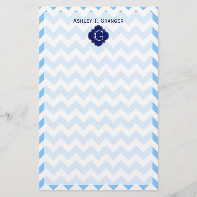 Lt Blu Wht Chevron Zigzag Navy Quatrefoil Monogram Brevpapper (Framsida)