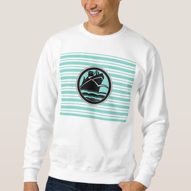 Lt Blue White Stripe Black Cruise Frakt Nautical Sweatshirt (Framsida)