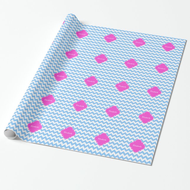 Lt Blue Wht Chevron Hot Pink Quatrefoil Monogram Presentpapper (Utrullad)