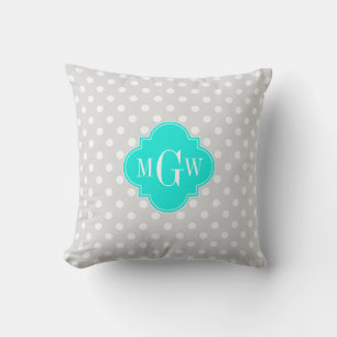 Lt Grå Prickar Brt Aqua Fyrklöver 3 Monogram Kudde