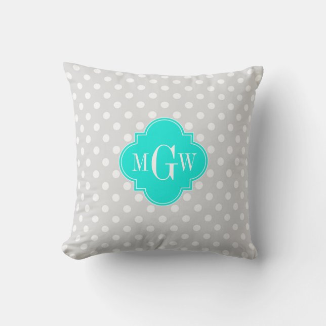 Lt Grå Prickar Brt Aqua Fyrklöver 3 Monogram Kudde (Framsida)