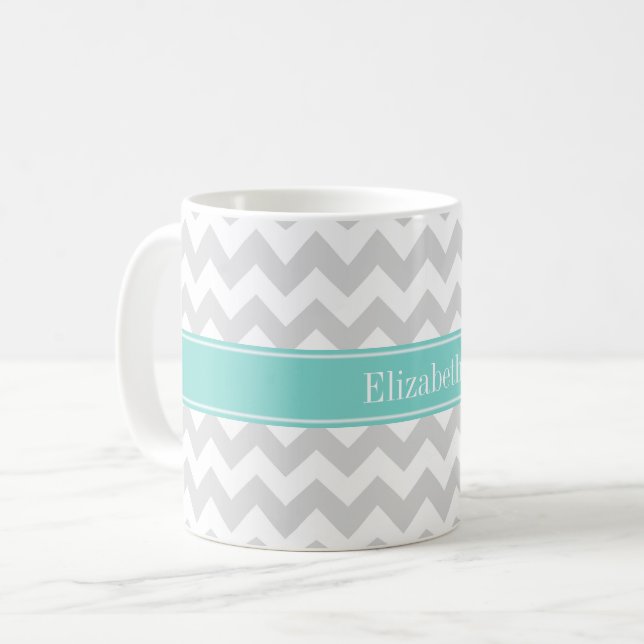 Lt Grå Vit Chevron Aqua Turkos Namn Monogram Kaffemugg (Framsida vänster)
