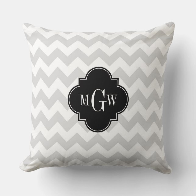Lt Grå Vit Chevron Svart Kvarreföljd 3 Monogramm Kudde (Framsida)