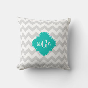 Lt Grå Vit Chevron Teal Fyrklöver 3 Monogramm Kudde
