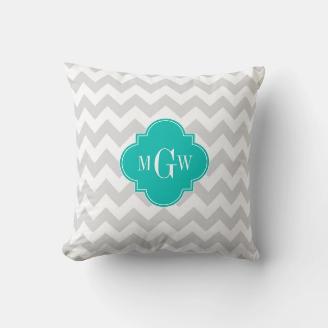 Lt Grå Vit Chevron Teal Fyrklöver 3 Monogramm Kudde (Framsida)