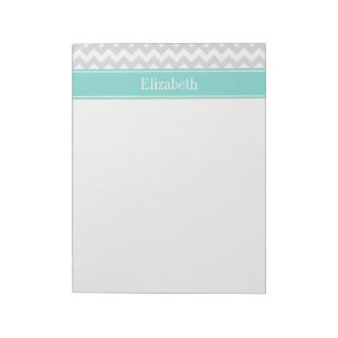 Lt Grå Vit Chevron ZigZag Aqua Namn Monogram Anteckningsblock