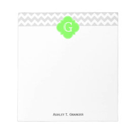 Lt Grå Vit Chevron ZigZag Lime Fyrklöver Monogram Anteckningsblock