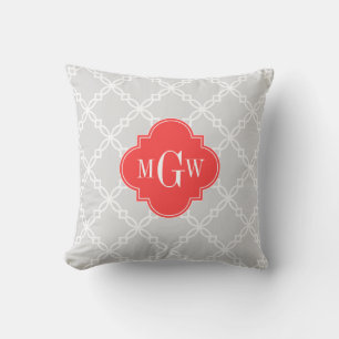 Lt Grå Vit Fancy Quatrefoil 3 Initialer Monogram Kudde