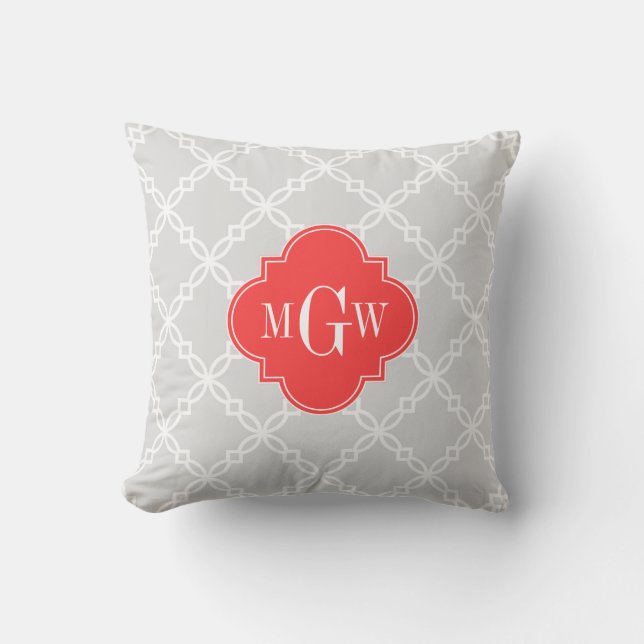 Lt Grå Vit Fancy Quatrefoil 3 Initialer Monogram Kudde (Framsida)