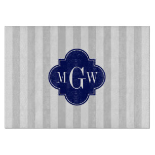Lt Grå Vit Rand Navy Quatrefoil 3 Monogramm
