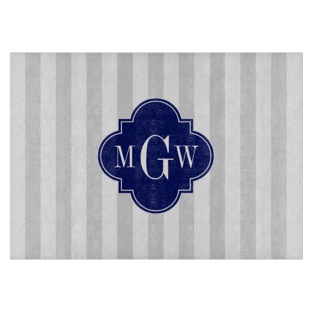 Lt Grå Vit Rand Navy Quatrefoil 3 Monogramm (Framsidan)