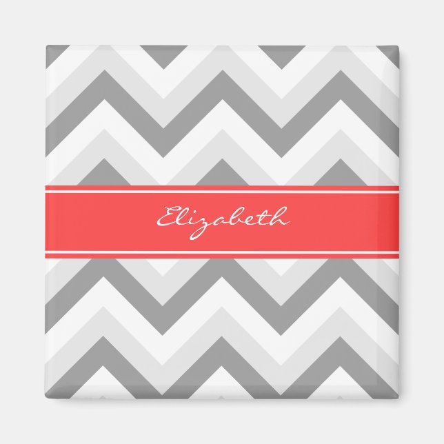 Lt Grått Med Grått White Chevron Coral Namn Monogr Magnet (Framsidan)
