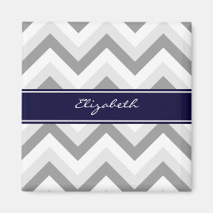 Lt Grått Med Grått White Chevron Navy Namn Monogra Magnet