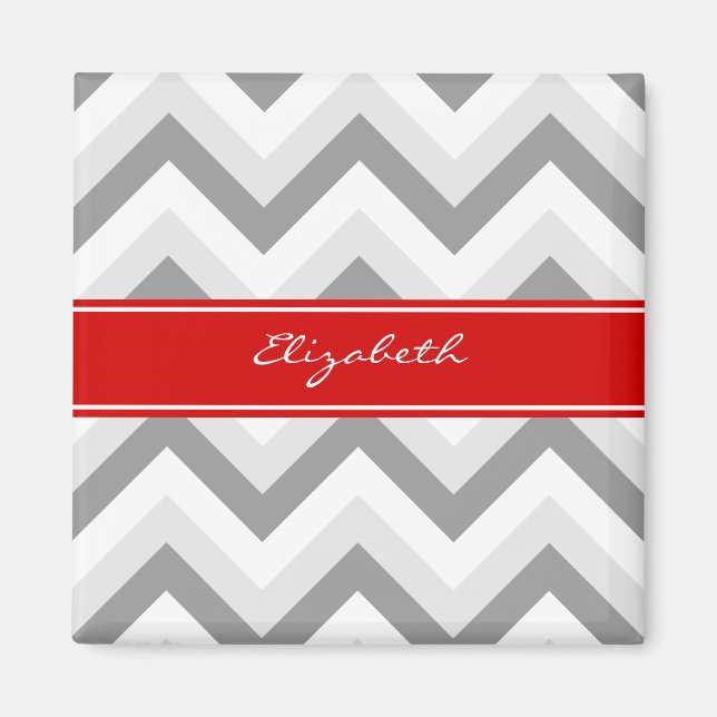 Lt Grått Med Grått White Chevron Red Namn Monogram Magnet (Framsidan)