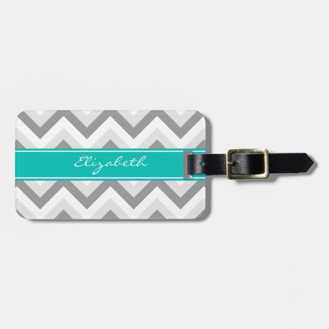 Lt Grått Med Grått White Chevron Teal Namn Monogra Bagagebricka (Horisontell Framsida)