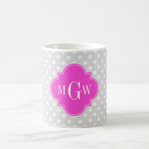 Lt Grått Polka dot Shock rosa Quatrefoil 3 Monogra Kaffemugg