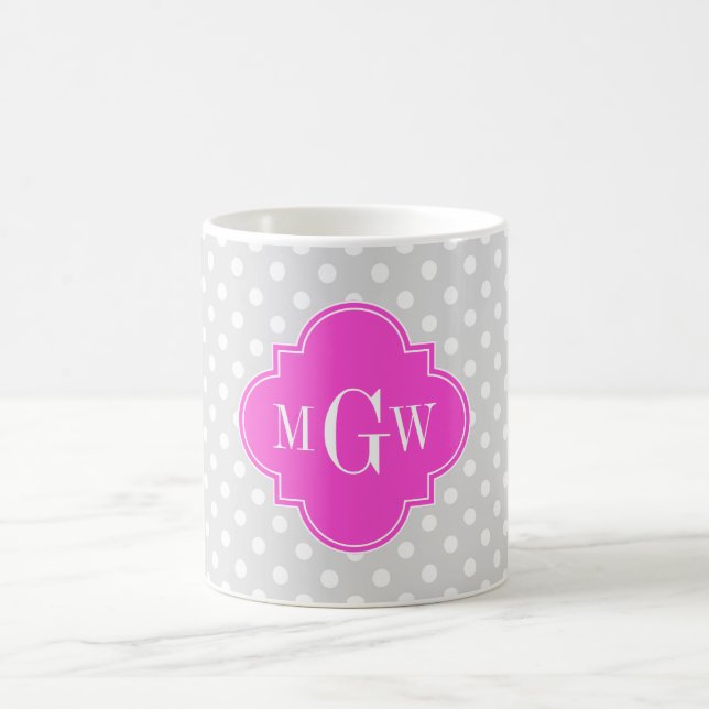 Lt Grått Polka dot Shock rosa Quatrefoil 3 Monogra Kaffemugg (Center)