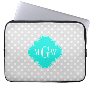 Lt Grått Polka dots Brt Aqua Quatrefoil 3 Monogram Laptop Sleeve