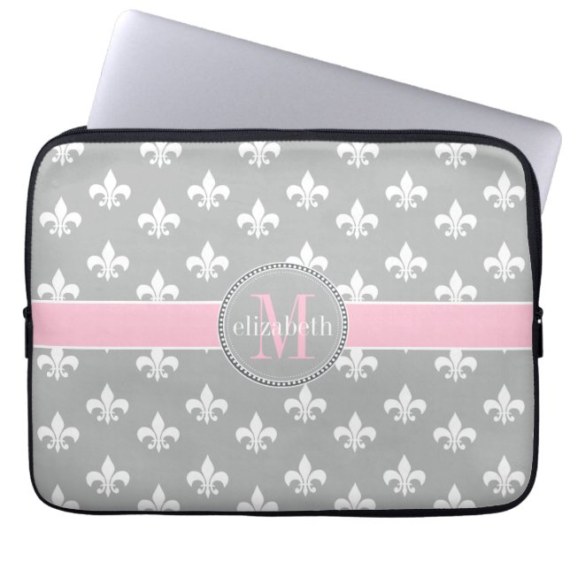 Lt Grått Rosa White Fleur de Lis Monogram Laptop Sleeve (Framsidan)