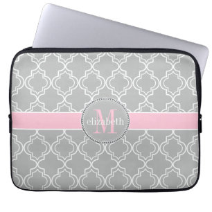 Lt Grått Rosa White Moroccan Quatrefoil Monogram Laptop Sleeve