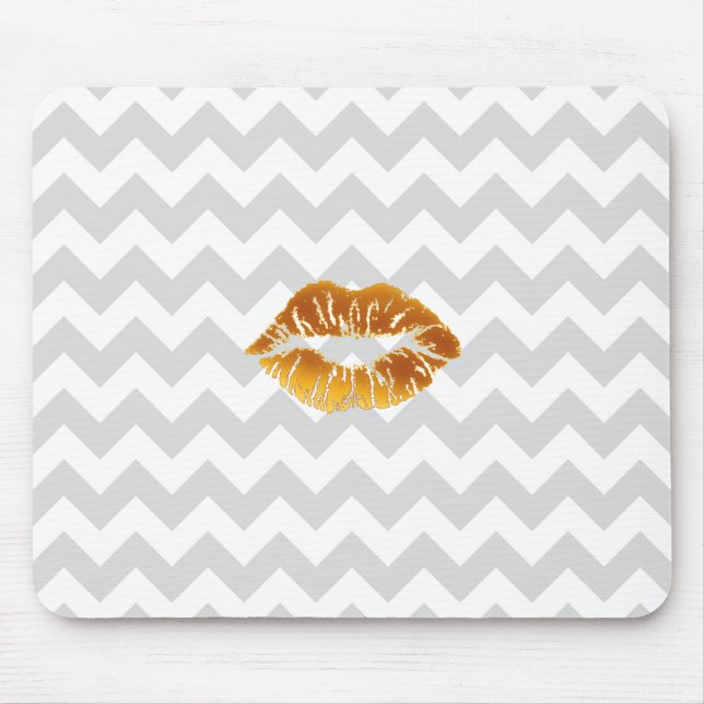 Lt Grått White Chevron, Guld Lipstick Kiss Musmatta (Framsidan)