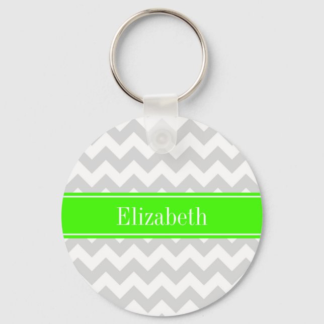 Lt Grått White Chevron Lime Green Namn Monogram Nyckelring (Framsida)
