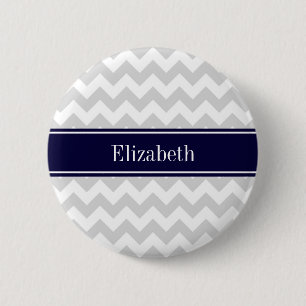 Lt Grått White Chevron Navy Blue Namn Monogram Knapp