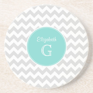 Lt Grått White Chevron Rnd Aqua Namn Monogram Underlägg Sandsten