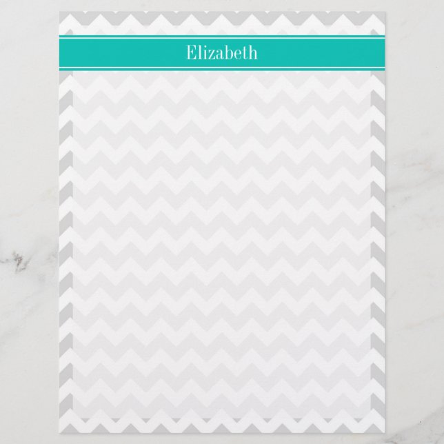Lt Grått White Chevron Teal Namn Monogram (Framsida)