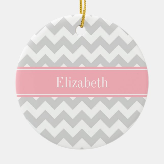 Lt Grått White Chevron Zigzag Rosa Namn Monogram Julgransprydnad Keramik (Framsidan)