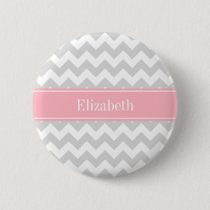 Lt Grått White Chevron Zigzag Rosa Namn Monogram Knapp