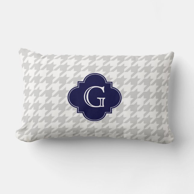 Lt Grått White Houndstooth Navy Monogram Label Lumbarkudde (Framsida)