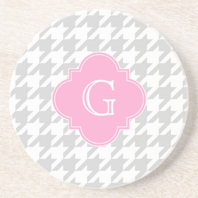 Lt Grått White Houndstooth Rosa Monogram Label Underlägg Sandsten (Framsidan)
