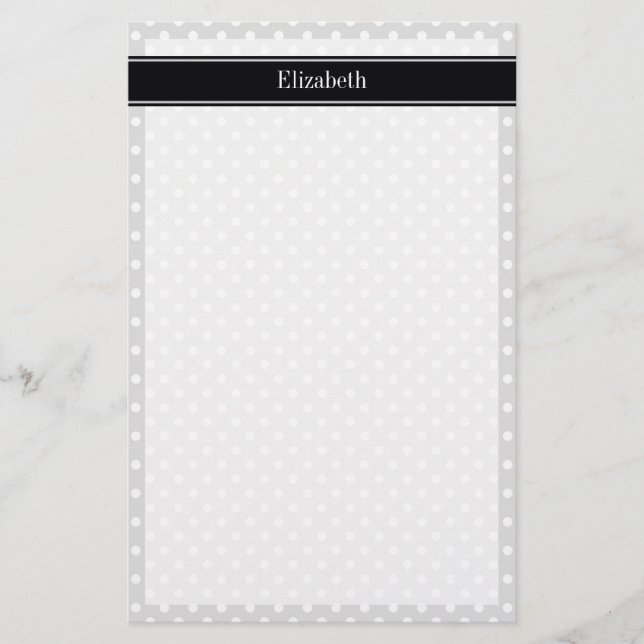 Lt Grått White Polka dots Black Namn Monogram Brevpapper (Framsida)