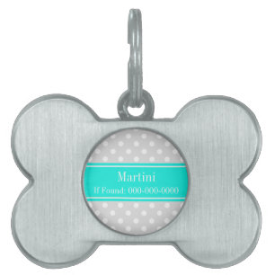 Lt Grått White Polka dots Brt Aqua Ribbon Monogram Namnbricka Husdjur