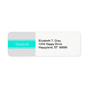 Lt Grått White Polka dots Brt Aqua Ribbon Monogram Returadress Etikett