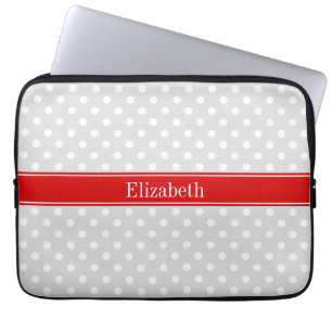 Lt Grått White Polka dots Red Namn Monogram Laptop Sleeve