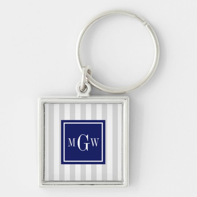 Lt Grått White Rand Navy Square 3 Monogram Fyrkantig Silverfärgad Nyckelring (Framsidan)