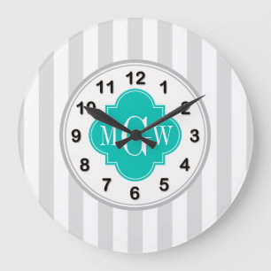 Lt Grått White Rand Teal Quatrefoil 3 Monogram Stor Klocka