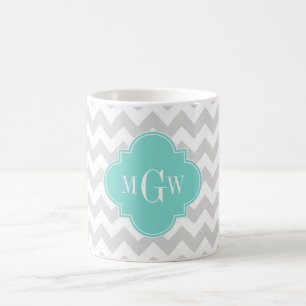 Lt Grått Wht Chevron Aqua Quatrefoil 3 Monogram Kaffemugg