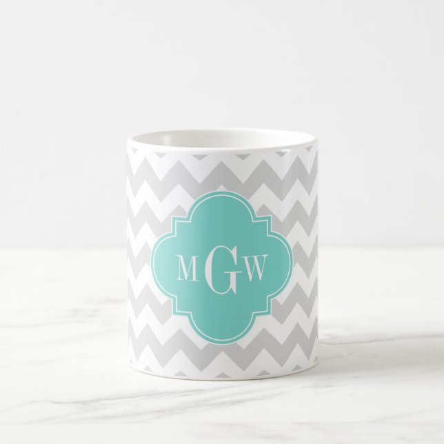 Lt Grått Wht Chevron Aqua Quatrefoil 3 Monogram Kaffemugg (Center)
