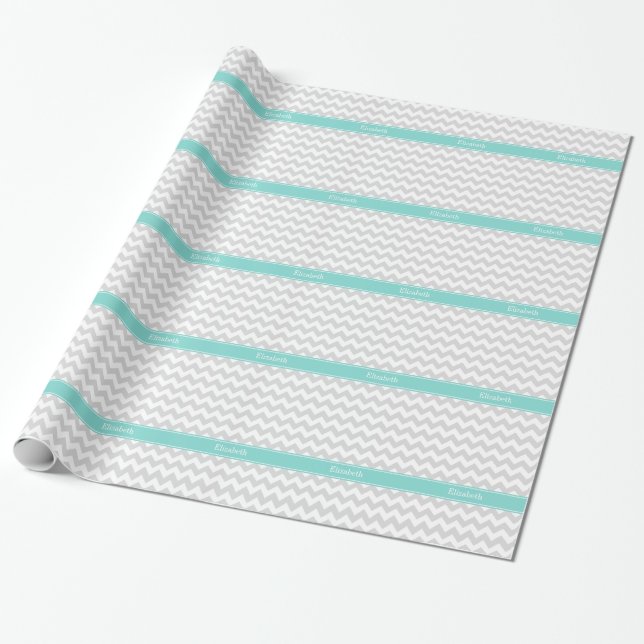 Lt Grått Wht Chevron Aqua Turcos Namn Monogram Presentpapper (Utrullad)
