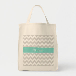 Lt Grått Wht Chevron Aqua Turcos Namn Monogram Tygkasse