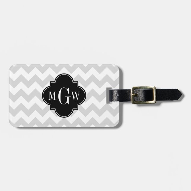 Lt Grått Wht Chevron Black Quatrefoil 3 Monogram Bagagebricka (Horisontell Framsida)